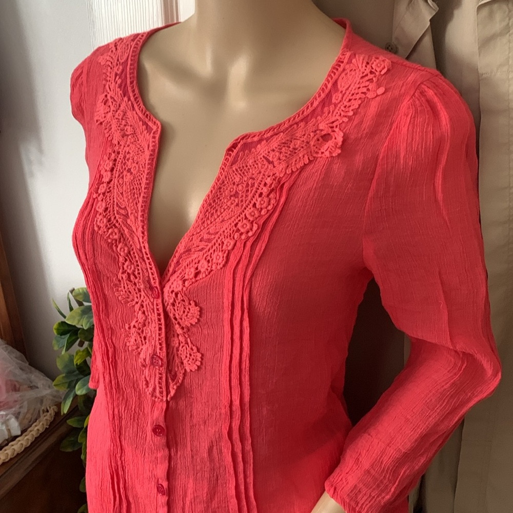 Orange gauze embroidered lace tunic blouse shirt top S